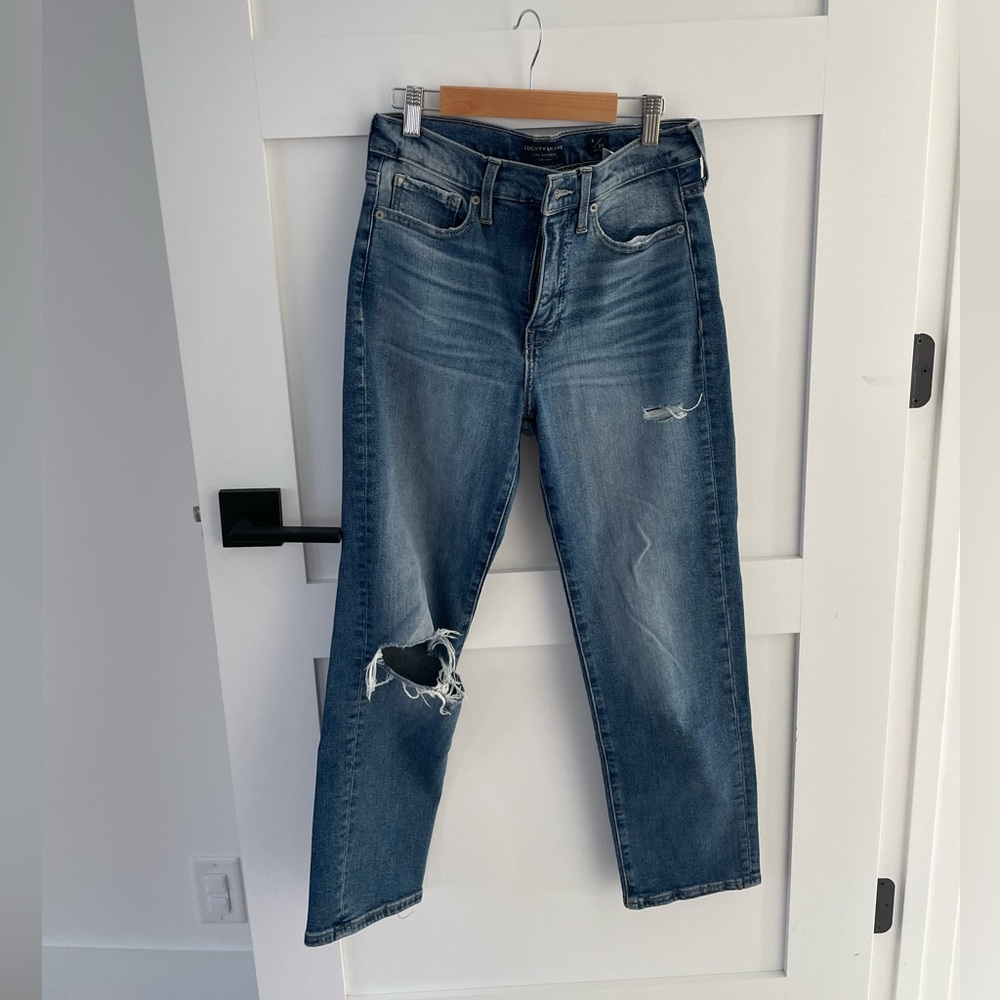 LIKE NEW Lucky Brand Straight High Rise Zip Rip Ankle Jeans Denim Medium Blue